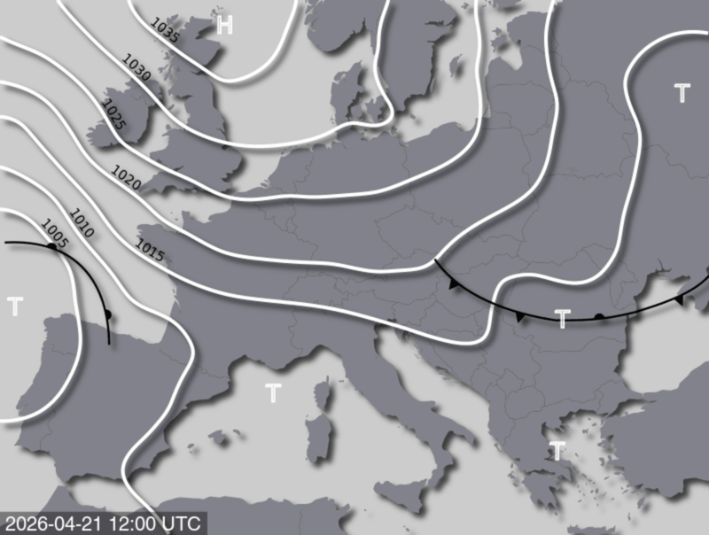 Bodendruck- und Frontenkarte für Dienstag, 21. April 2026, 14:00 MESZ (Quelle: UBIMET)
