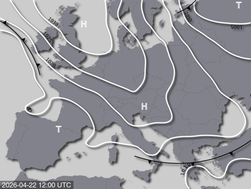 Bodendruck- und Frontenkarte für Mittwoch, 22. April 2026, 14:00 MESZ (Quelle: UBIMET)