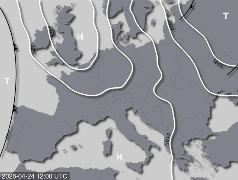 Bodendruck- und Frontenkarte für Freitag, 24. April 2026, 14:00 MESZ (Quelle: UBIMET)