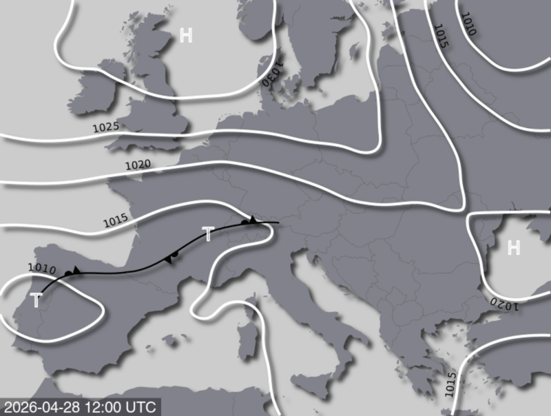 Bodendruck- und Frontenkarte für Dienstag, 28. April 2026, 14:00 MESZ (Quelle: UBIMET)