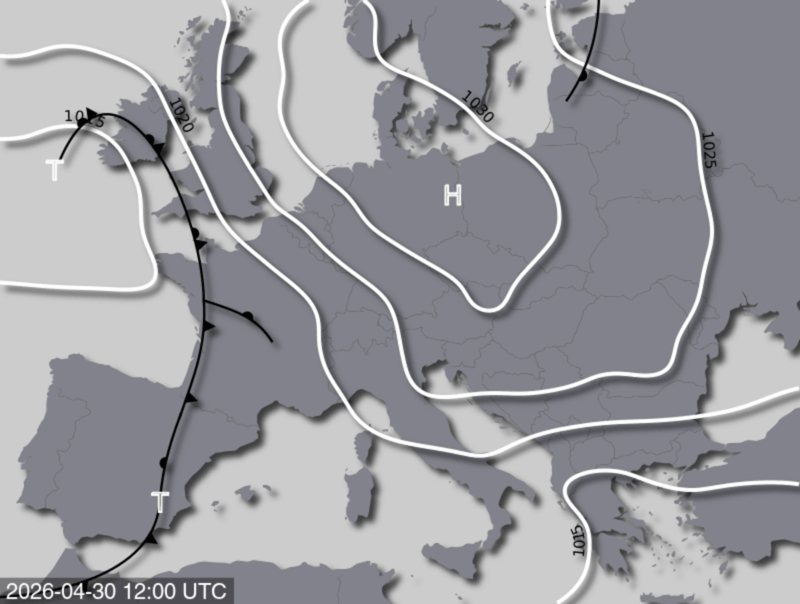 Bodendruck- und Frontenkarte für Donnerstag, 30. April 2026, 14:00 MESZ (Quelle: UBIMET)