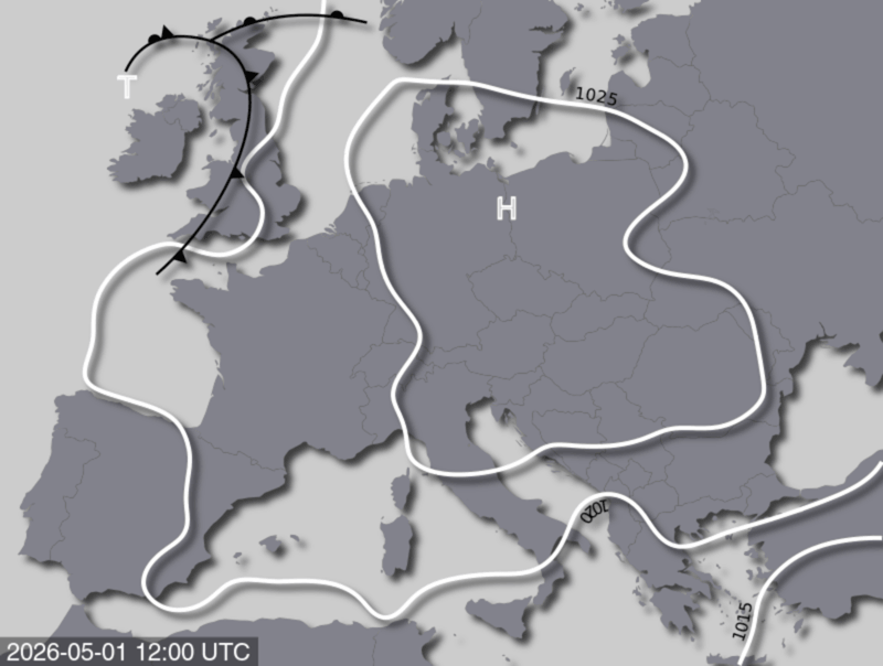 Bodendruck- und Frontenkarte für Freitag, 1. Mai 2026, 14:00 MESZ (Quelle: UBIMET)
