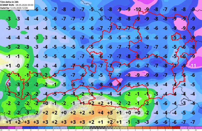Prognose der 24-stündigen Temperaturdifferenz in Grad Celsius (°C) zwischen Montagnachmittag und Dienstagnachmittag - ECMWF IFS, UBIMET
