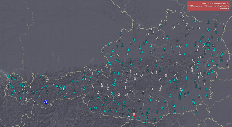 Vorhergesagte Tiefstwerte in Grad Celsius (°C) für den kommenden Mittwoch - UBIMET