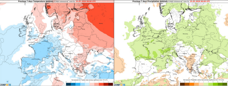 Tendenz der Temperaturen (rot=warm, blau=kalt) und der Niederschläge (braun=trocken, grün=nass) für die Woche bis zum 25. Mai - ECMWF Sub-seasonal, UBIMET