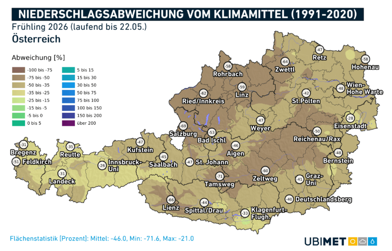 Niederschlagsabweichung im Frühling 2026 (bis zum 22.05.) - UBIMET
