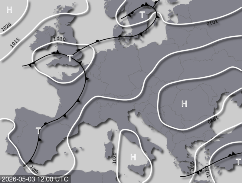 Bodendruck- und Frontenkarte für Sonntag, 3. Mai 2026, 14:00 MESZ (Quelle: UBIMET)