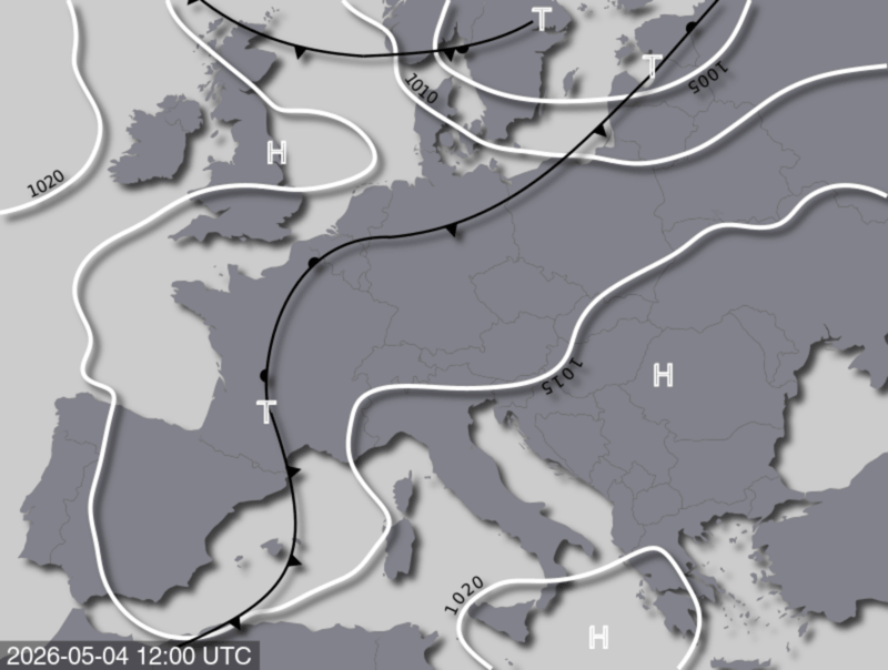 Bodendruck- und Frontenkarte für Montag, 4. Mai 2026, 14:00 MESZ (Quelle: UBIMET)