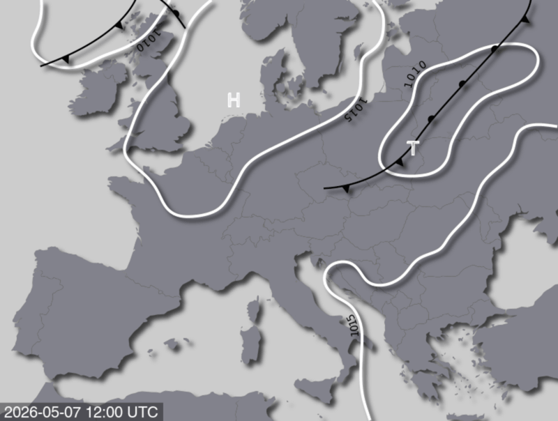 Bodendruck- und Frontenkarte für Donnerstag, 7. Mai 2026, 14:00 MESZ (Quelle: UBIMET)