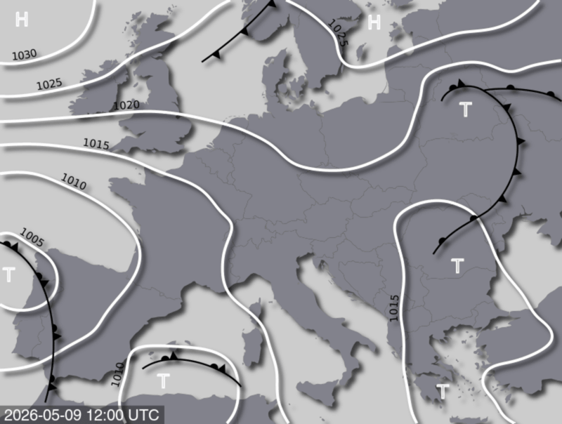 Bodendruck- und Frontenkarte für Samstag, 9. Mai 2026, 14:00 MESZ (Quelle: UBIMET)