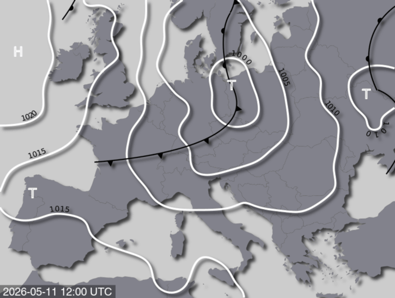 Bodendruck- und Frontenkarte für Montag, 11. Mai 2026, 14:00 MESZ (Quelle: UBIMET)