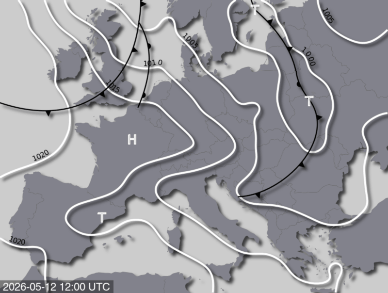 Bodendruck- und Frontenkarte für Dienstag, 12. Mai 2026, 14:00 MESZ (Quelle: UBIMET)