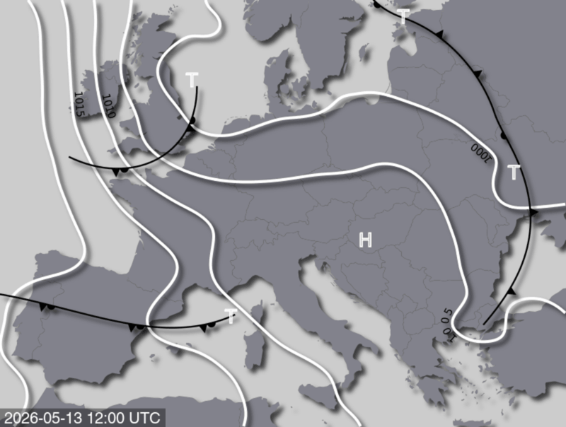 Bodendruck- und Frontenkarte für Mittwoch, 13. Mai 2026, 14:00 MESZ (Quelle: UBIMET)