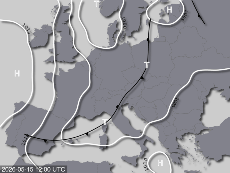 Bodendruck- und Frontenkarte für Freitag, 15. Mai 2026, 14:00 MESZ (Quelle: UBIMET)