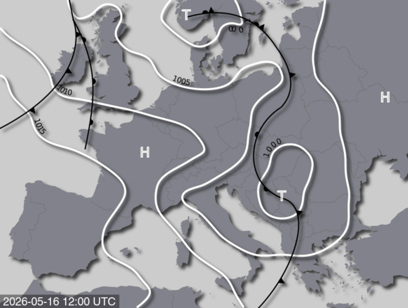 Bodendruck- und Frontenkarte für Samstag, 16. Mai 2026, 14:00 MESZ (Quelle: UBIMET)