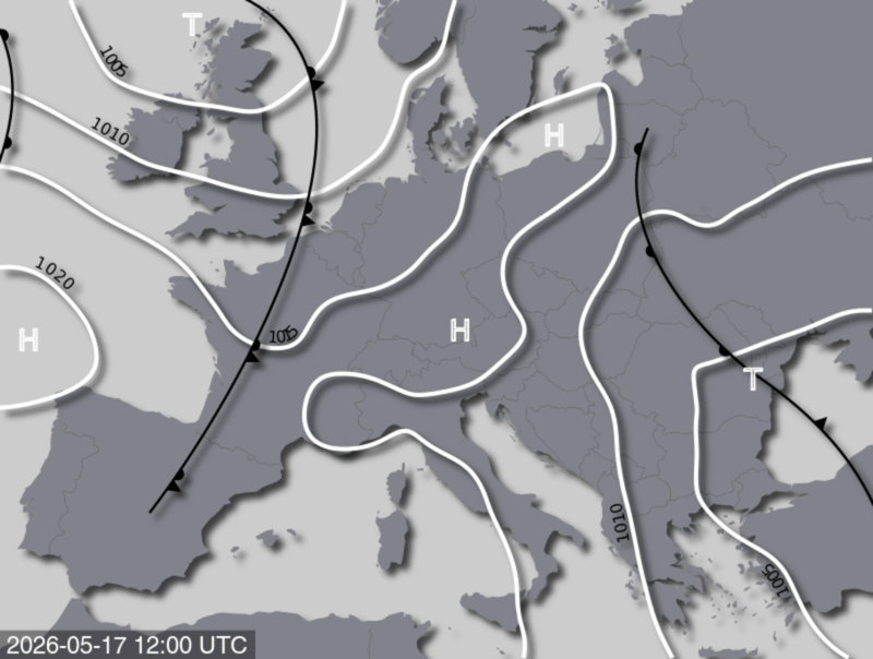 Bodendruck- und Frontenkarte für Sonntag, 17. Mai 2026, 14:00 MESZ (Quelle: UBIMET)