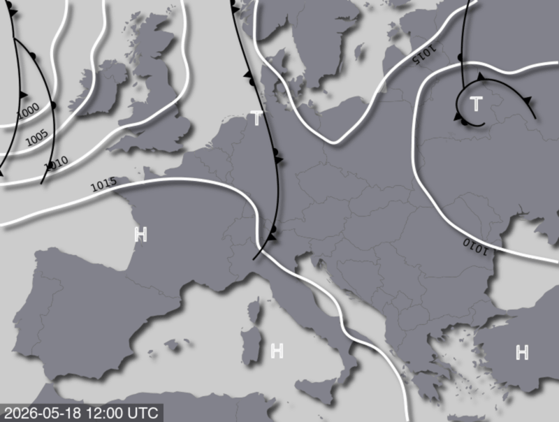Bodendruck- und Frontenkarte für Montag, 18. Mai 2026, 14:00 MESZ (Quelle: UBIMET)