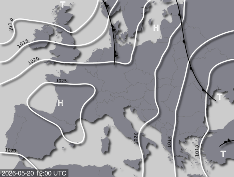 Bodendruck- und Frontenkarte für Mittwoch, 20. Mai 2026, 14:00 MESZ (Quelle: UBIMET)