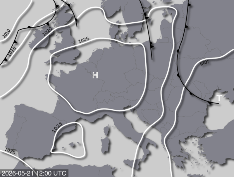 Bodendruck- und Frontenkarte für Donnerstag, 21. Mai 2026, 14:00 MESZ (Quelle: UBIMET)