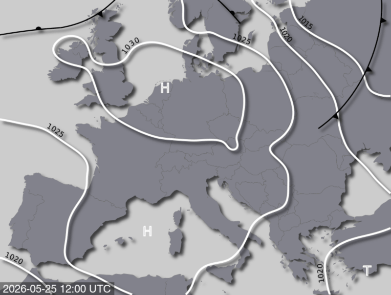 Bodendruck- und Frontenkarte für Montag 25. Mai 2026, 14:00 MESZ (Quelle: UBIMET)