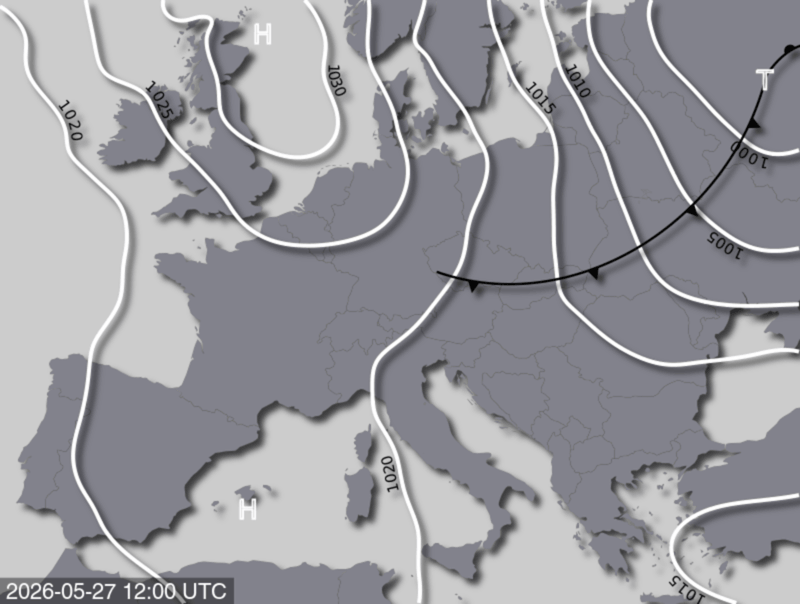 Bodendruck- und Frontenkarte für Mittwoch, 27. Mai 2026, 14:00 MESZ (Quelle: UBIMET)