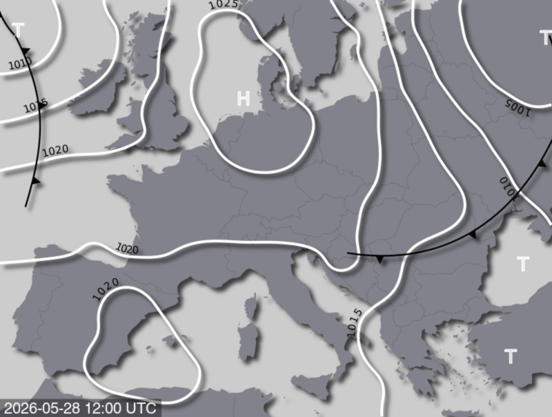 Bodendruck- und Frontenkarte für Donnerstag, 28. Mai 2026, 14:00 MESZ (Quelle: UBIMET)