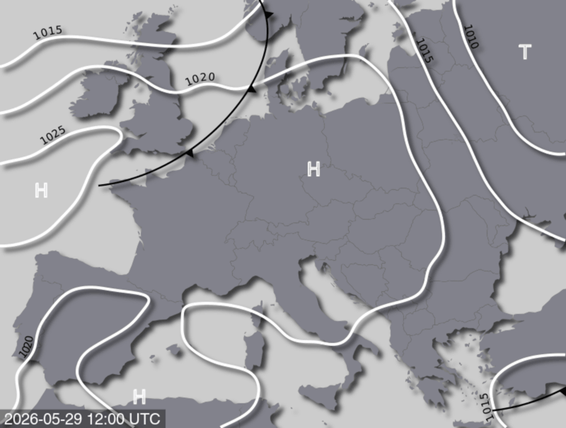 Bodendruck- und Frontenkarte für Freitag, 29. Mai 2026, 14:00 MESZ (Quelle: UBIMET)