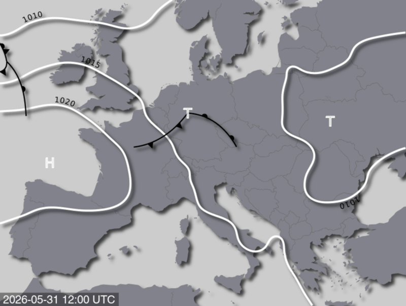 Bodendruck- und Frontenkarte für Sonntag, 31. Mai 2026, 14:00 MESZ (Quelle: UBIMET)