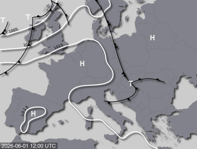 Bodendruck- und Frontenkarte für Montag, 1. Juni 2026, 14:00 MESZ (Quelle: UBIMET)