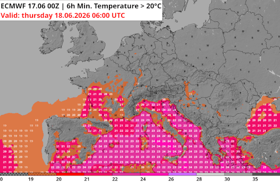 Prognose der Tiefstwerte über 20 Grad (rötliche Farben) in Europa in den kommenden Tagen - UBIMET, ECMWF IFS