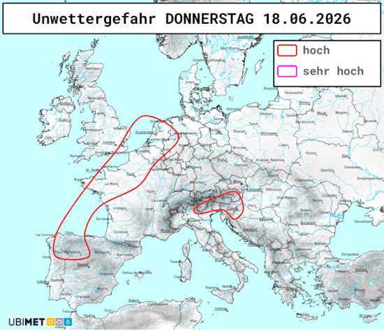 Prognose der Unwettergefahr durch lokale Gewitter von Donnerstag bis Sonntag - UBIMET, www.uwz.at
