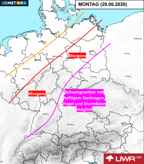 Prognose der Unwettergefahr am Montag - UBIMET, uwr.de