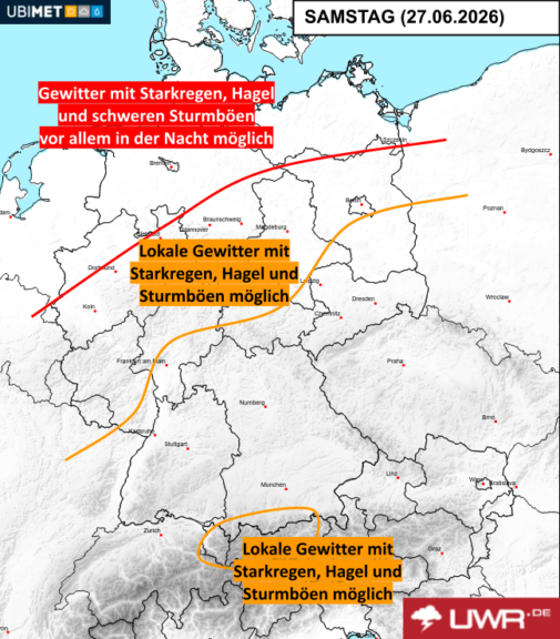 Prognose der Unwettergefahr am Samstag - UBIMET, uwr.de