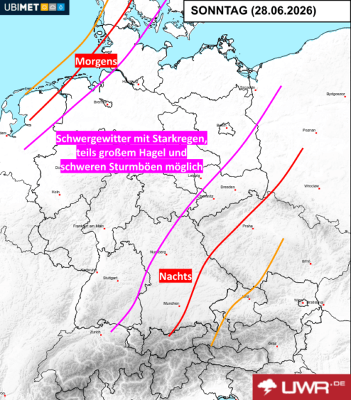 Prognose der Unwettergefahr am Sonntag - UBIMET, uwr.de