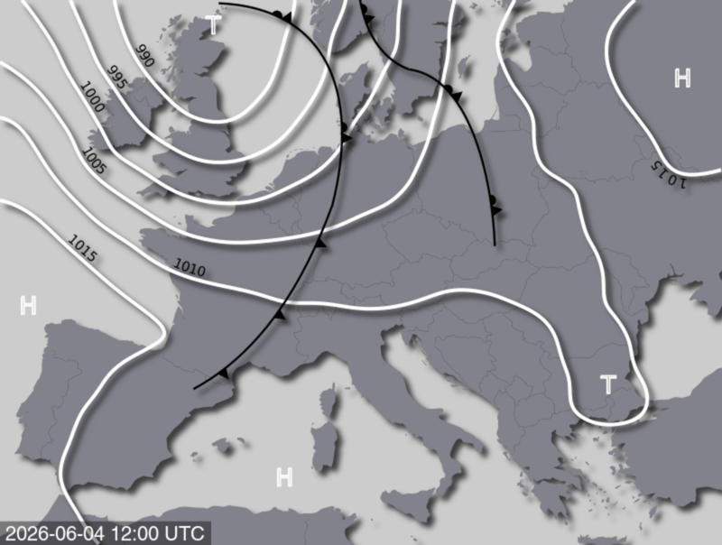 Bodendruck- und Frontenkarte für Donnerstag, 04. Juni 2026, 14:00 MESZ (Quelle: UBIMET)