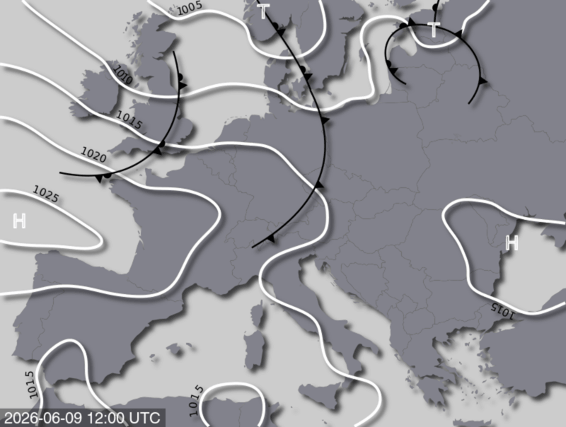 Bodendruck- und Frontenkarte für Dienstag, 09. Juni 2026, 14:00 MESZ (Quelle: UBIMET)