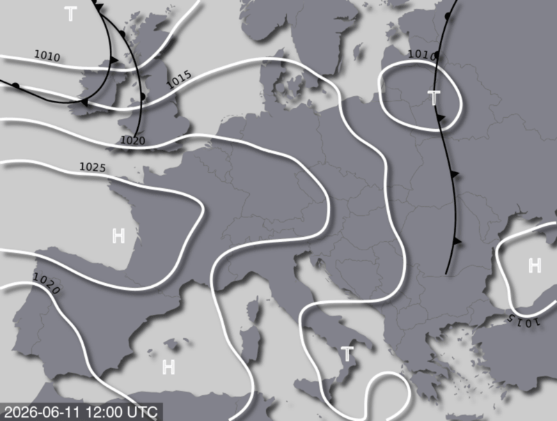 Bodendruck- und Frontenkarte für Donnerstag, 11. Juni 2026, 14:00 MESZ (Quelle: UBIMET)