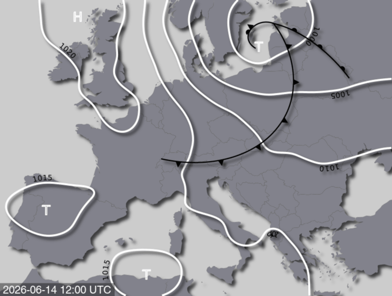 Bodendruck- und Frontenkarte für Sonntag, 14. Juni 2026, 14:00 MESZ (Quelle: UBIMET)