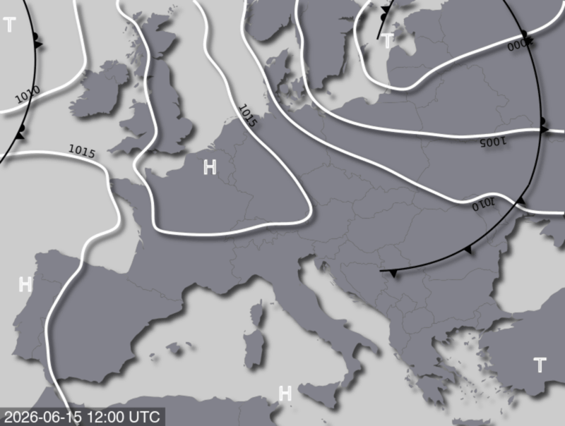 Bodendruck- und Frontenkarte für Montag, 15. Juni 2026, 14:00 MESZ (Quelle: UBIMET)
