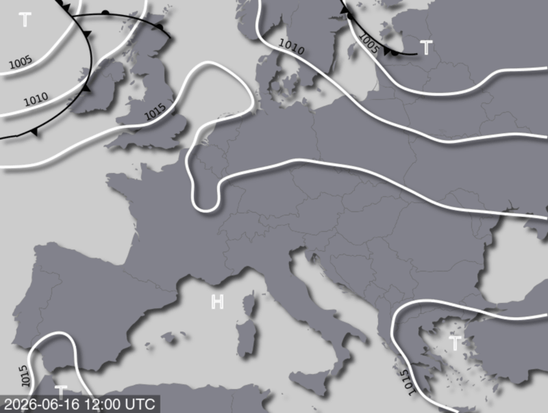 Bodendruck- und Frontenkarte für Dienstag, 16. Juni 2026, 14:00 MESZ (Quelle: UBIMET)