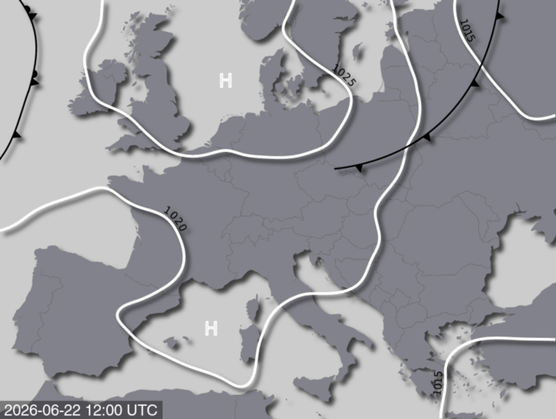 Bodendruck- und Frontenkarte für Montag, 22. Juni 2026, 14:00 MESZ (Quelle: UBIMET)