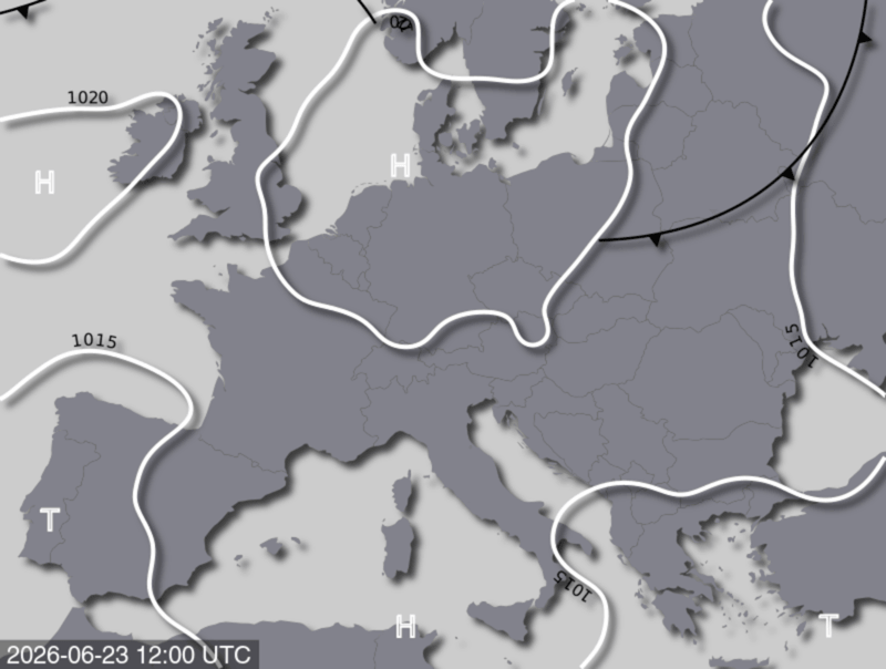 Bodendruck- und Frontenkarte für Dienstag, 23. Juni 2026, 14:00 MESZ (Quelle: UBIMET)