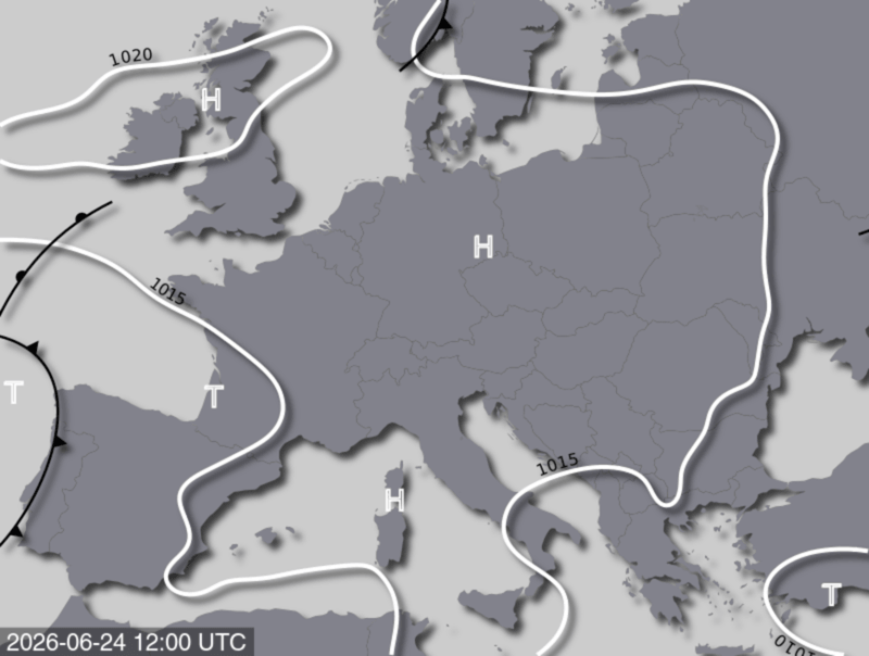 Bodendruck- und Frontenkarte für Mittwoch, 24. Juni 2026, 14:00 MESZ (Quelle: UBIMET)