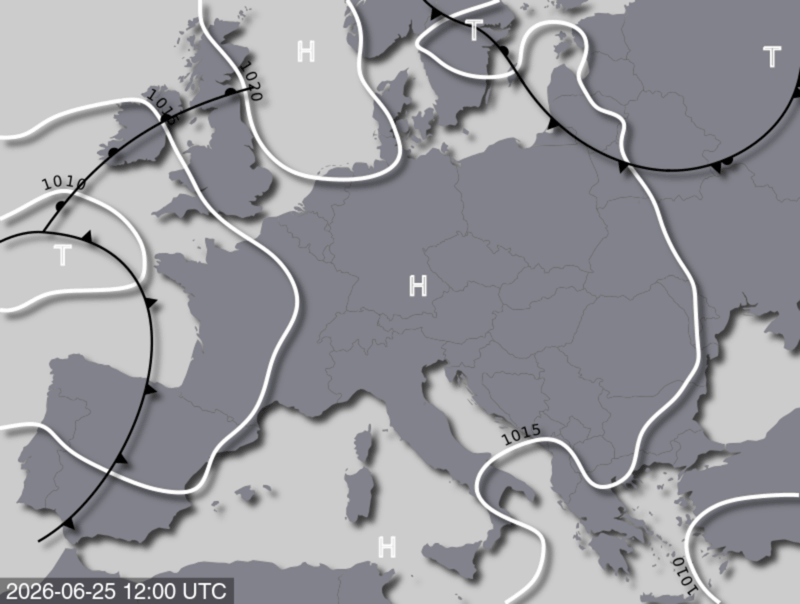Bodendruck- und Frontenkarte für Donnerstag, 25. Juni 2026, 14:00 MESZ (Quelle: UBIMET)