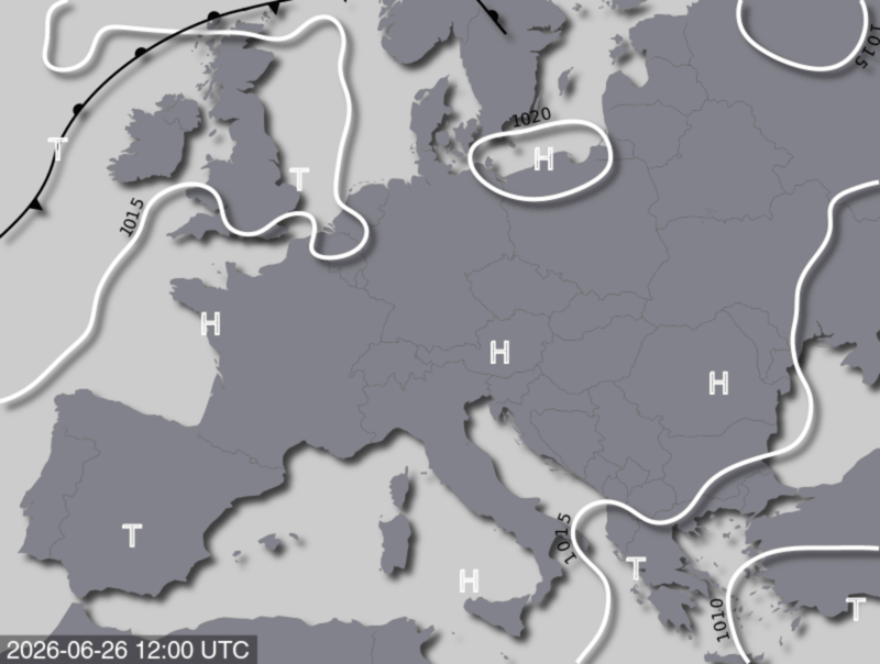 Bodendruck- und Frontenkarte für Freitag, 26. Juni 2026, 14:00 MESZ (Quelle: UBIMET)