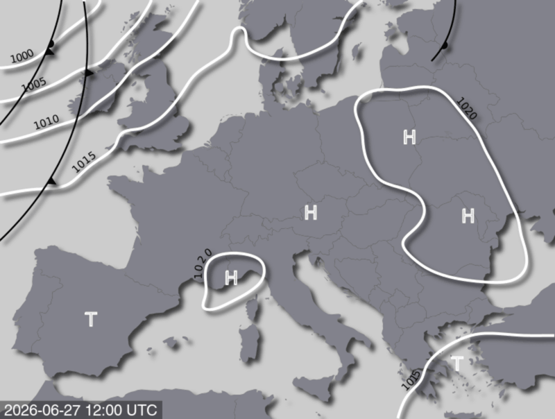 Bodendruck- und Frontenkarte für Samstag, 27. Juni 2026, 14:00 MESZ (Quelle: UBIMET)