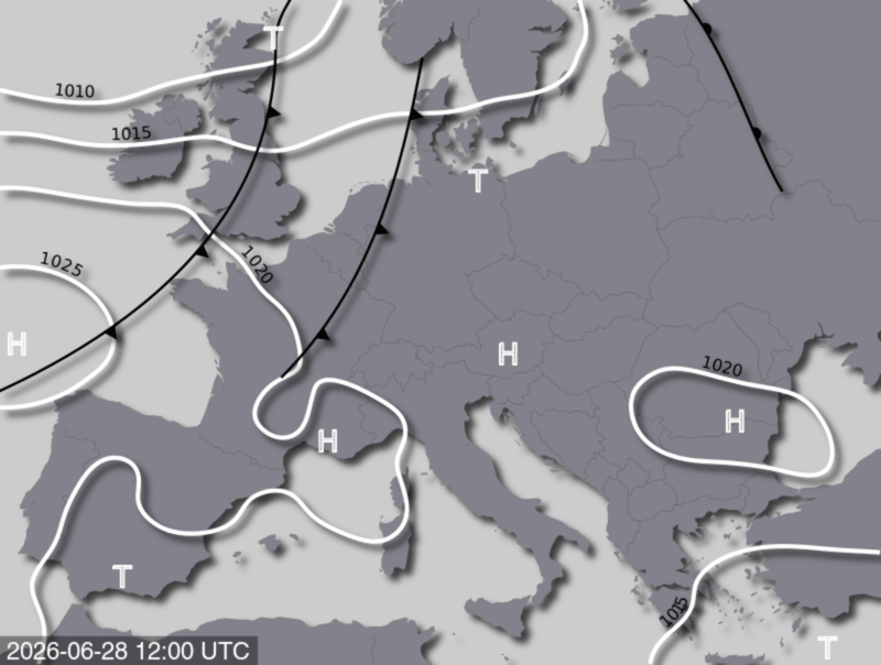 Bodendruck- und Frontenkarte für Sonntag, 28. Juni 2026, 14:00 MESZ (Quelle: UBIMET)