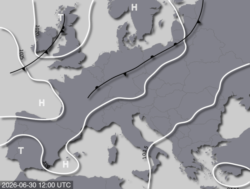 Bodendruck- und Frontenkarte für Dienstag, 30. Juni 2026, 14:00 MESZ (Quelle: UBIMET)