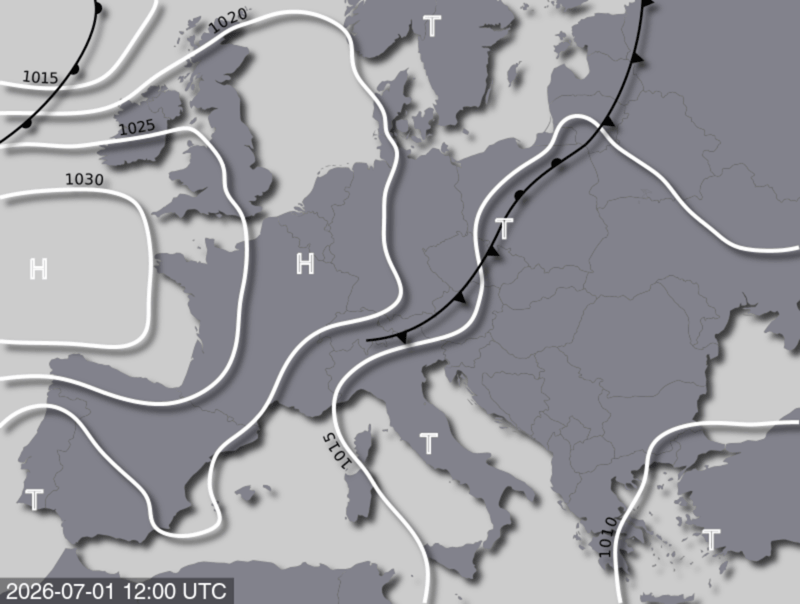 Bodendruck- und Frontenkarte für Mittwoch, 01. Juli 2026, 14:00 MESZ (Quelle: UBIMET)