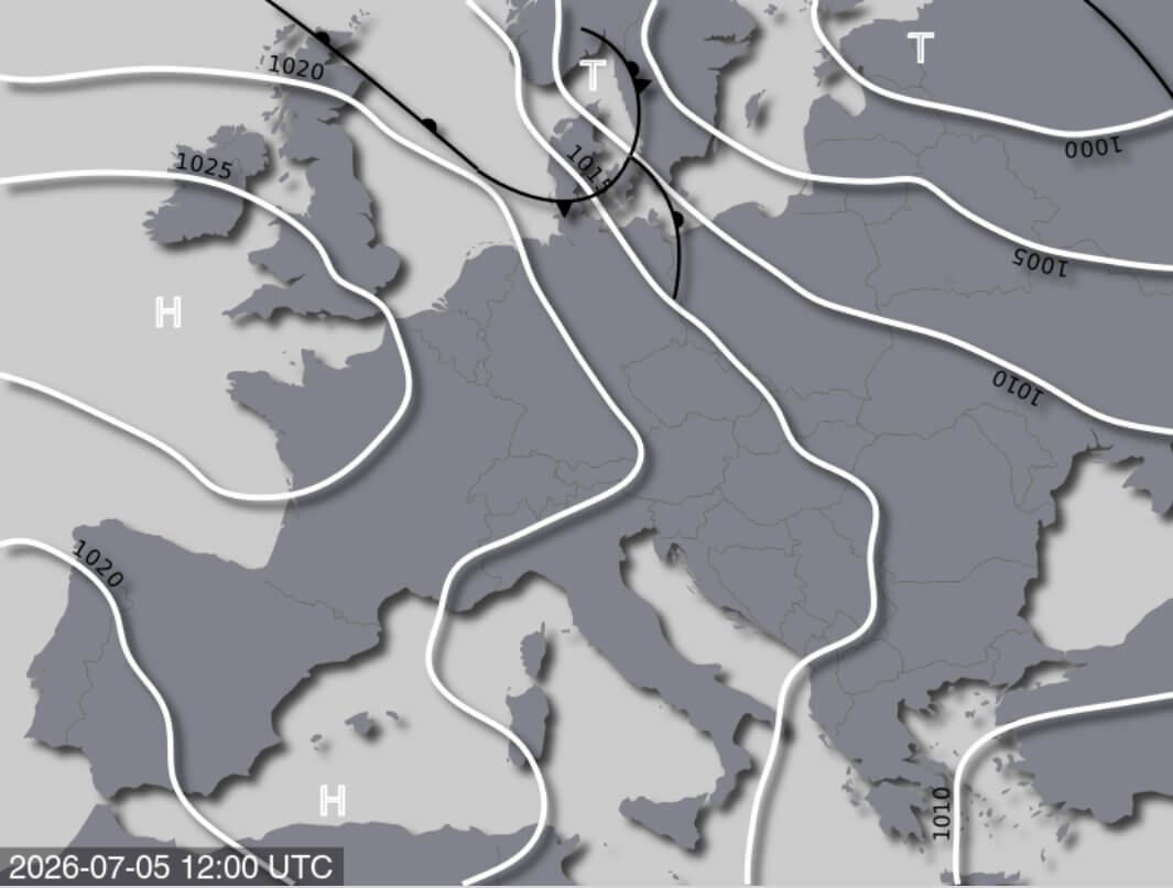 Bodendruck- und Frontenkarte für Samstag, 04. Juli 2026, 14:00 MESZ (Quelle: UBIMET)